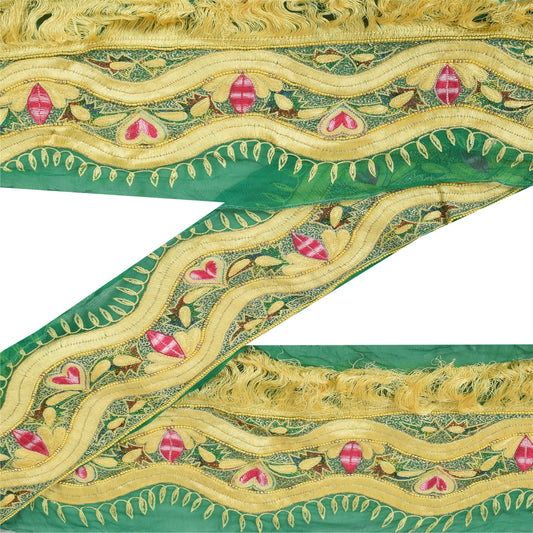 SANSKRITI VINTAGE SAREE BORDER HAND BEADED 1YD TRIMS DECOR LACE 5.5W GREEN