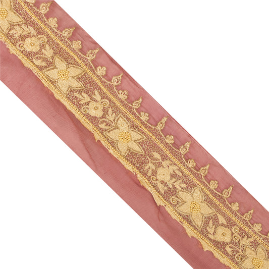 Sanskriti Vintage Sari Border Hand Beaded Zari Craft 1 YD Trims 2W Peach Lace