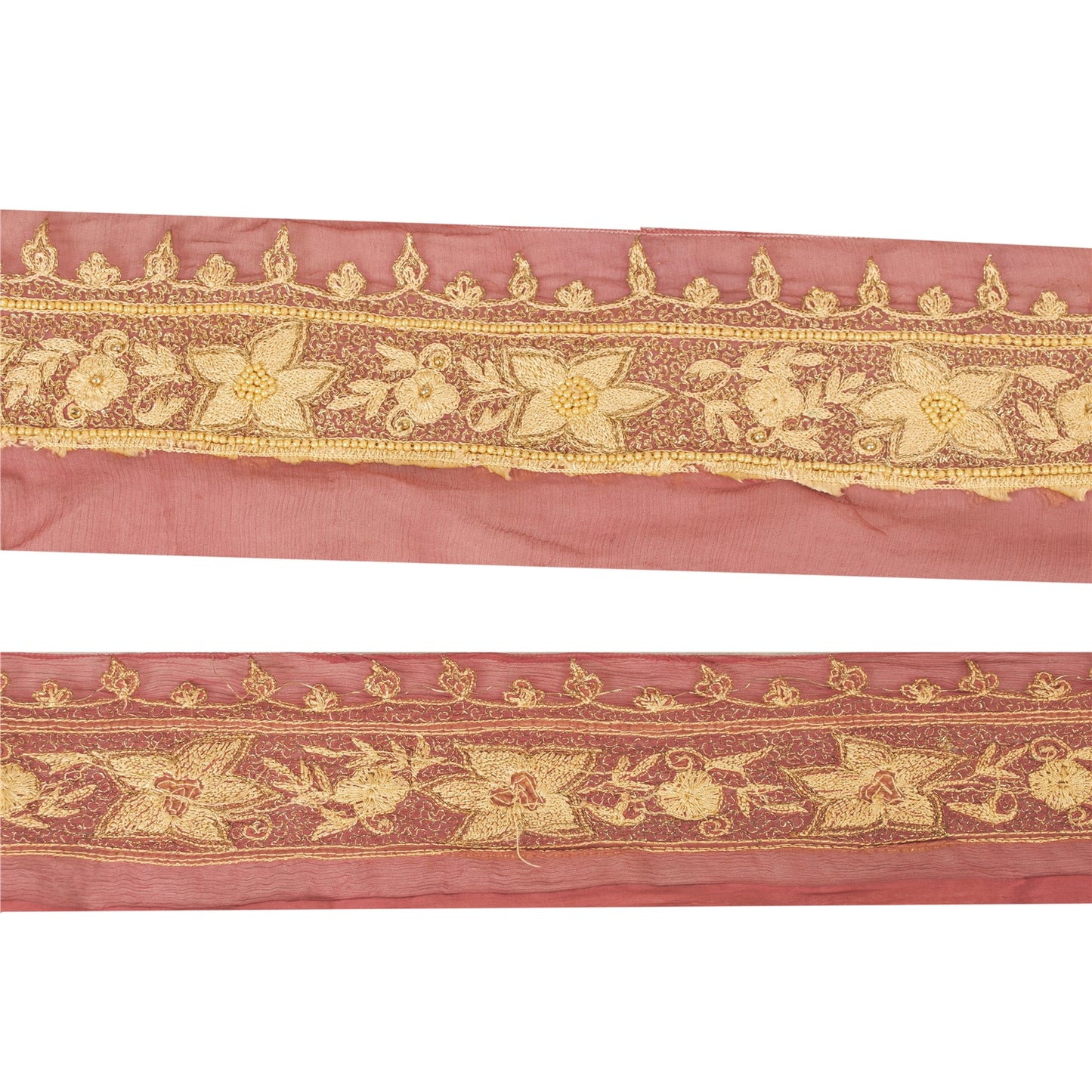 Sanskriti Vintage Sari Border Hand Beaded Zari Craft 1 YD Trims 2W Peach Lace
