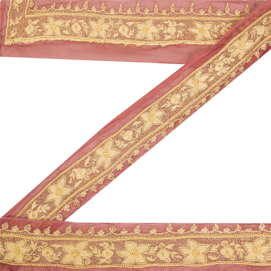 Sanskriti Vintage Sari Border Hand Beaded Zari Craft 1 YD Trims 2W Peach Lace