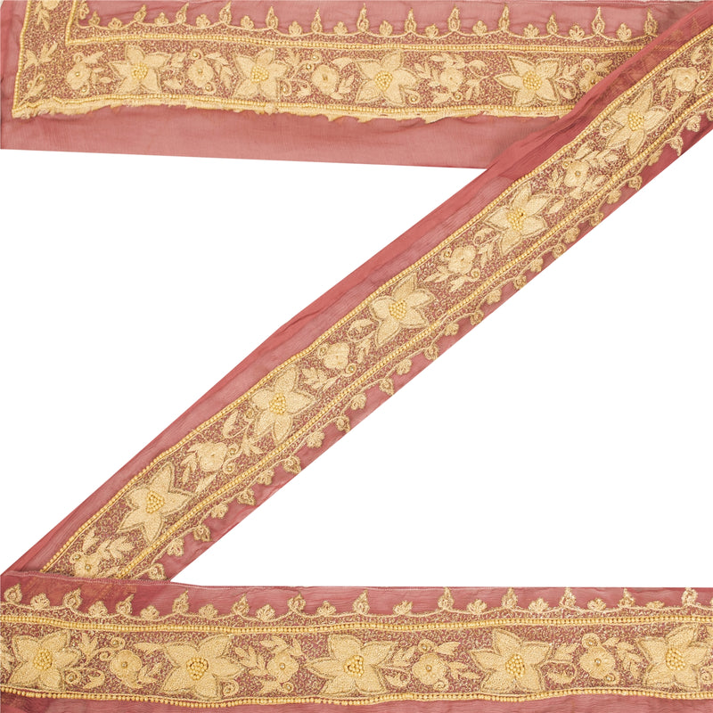 Sanskriti Vintage Sari Border Hand Beaded Zari Craft 1 YD Trims 2W Peach Lace