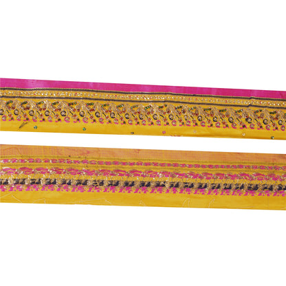 Sanskriti Vintage Sari Border Hand Beaded ZardoziTrims 1YD Yellow Pure Silk Lace