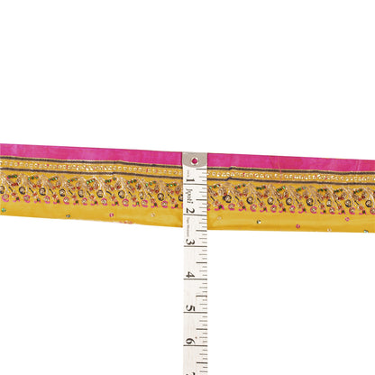 Sanskriti Vintage Sari Border Hand Beaded ZardoziTrims 1YD Yellow Pure Silk Lace