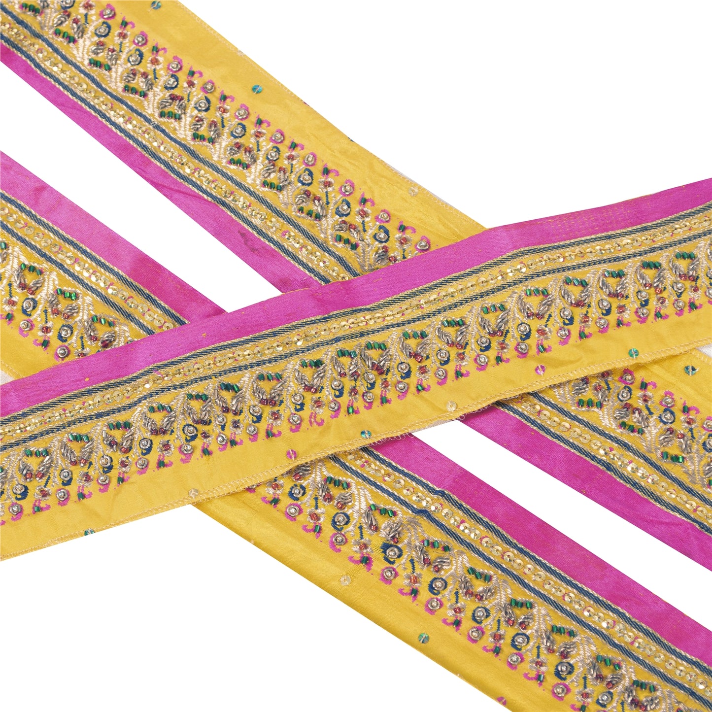 Sanskriti Vintage Sari Border Hand Beaded ZardoziTrims 1YD Yellow Pure Silk Lace