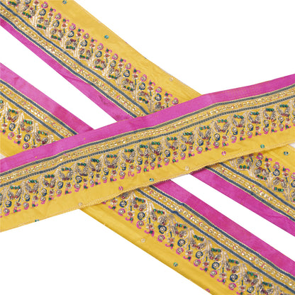 Sanskriti Vintage Sari Border Hand Beaded ZardoziTrims 1YD Yellow Pure Silk Lace