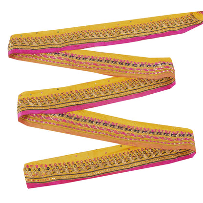 Sanskriti Vintage Sari Border Hand Beaded ZardoziTrims 1YD Yellow Pure Silk Lace