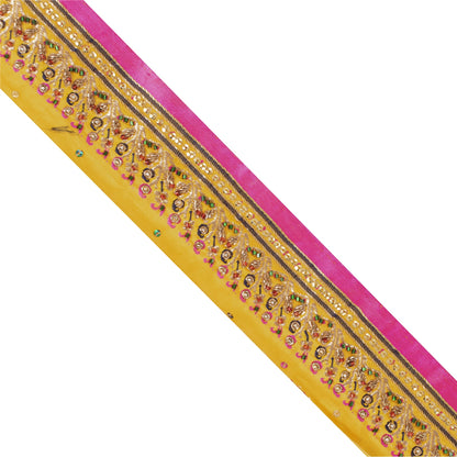 Sanskriti Vintage Sari Border Hand Beaded ZardoziTrims 1YD Yellow Pure Silk Lace