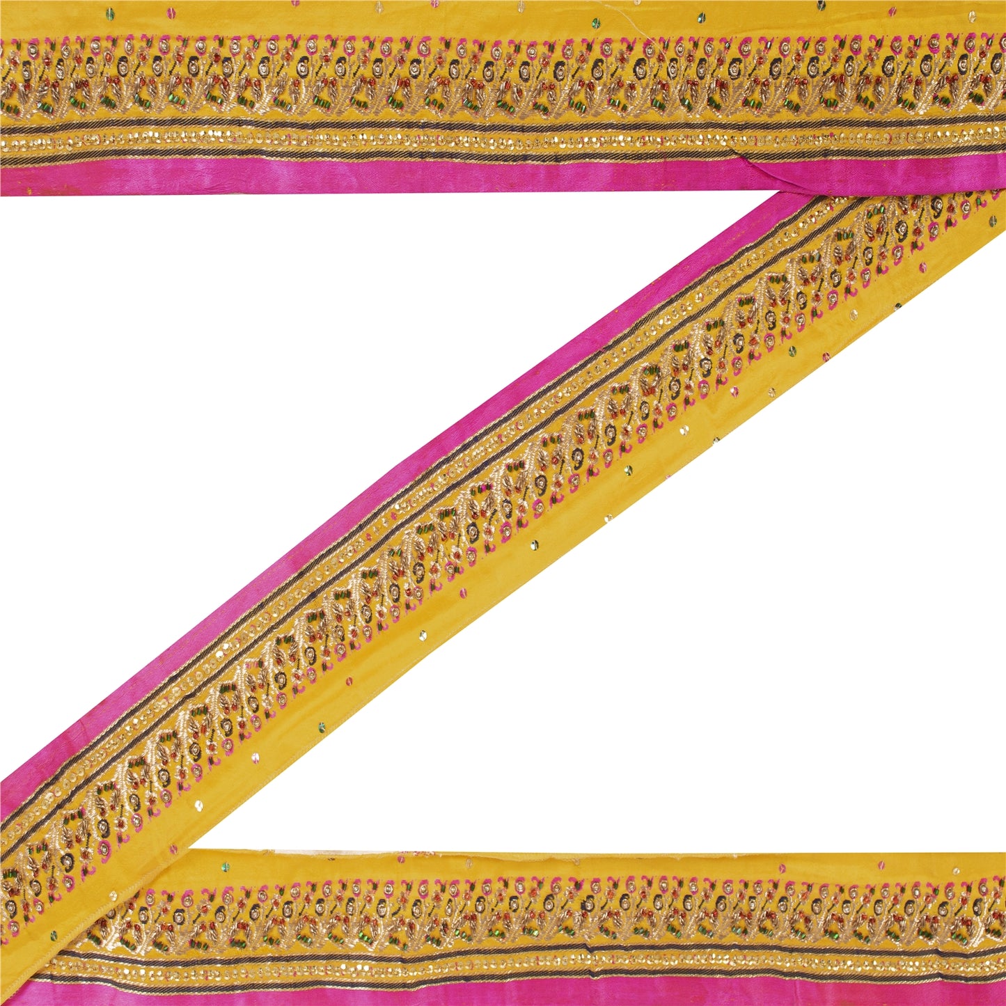 Sanskriti Vintage Sari Border Hand Beaded ZardoziTrims 1YD Yellow Pure Silk Lace