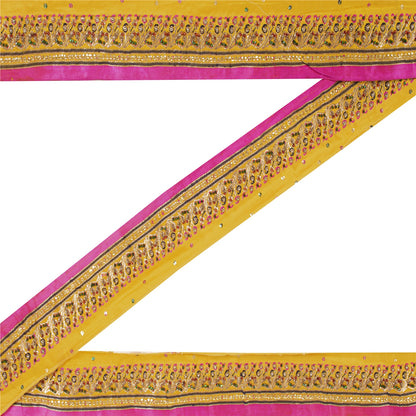 Sanskriti Vintage Sari Border Hand Beaded ZardoziTrims 1YD Yellow Pure Silk Lace