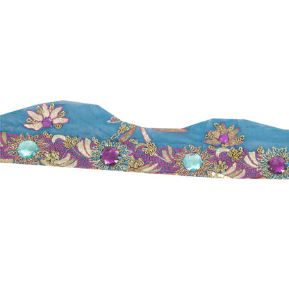 SANSKRITI VINTAGE SAREE BORDER HAND BEADED CRAFT 1 YD LACE 3W FLORAL BLUE