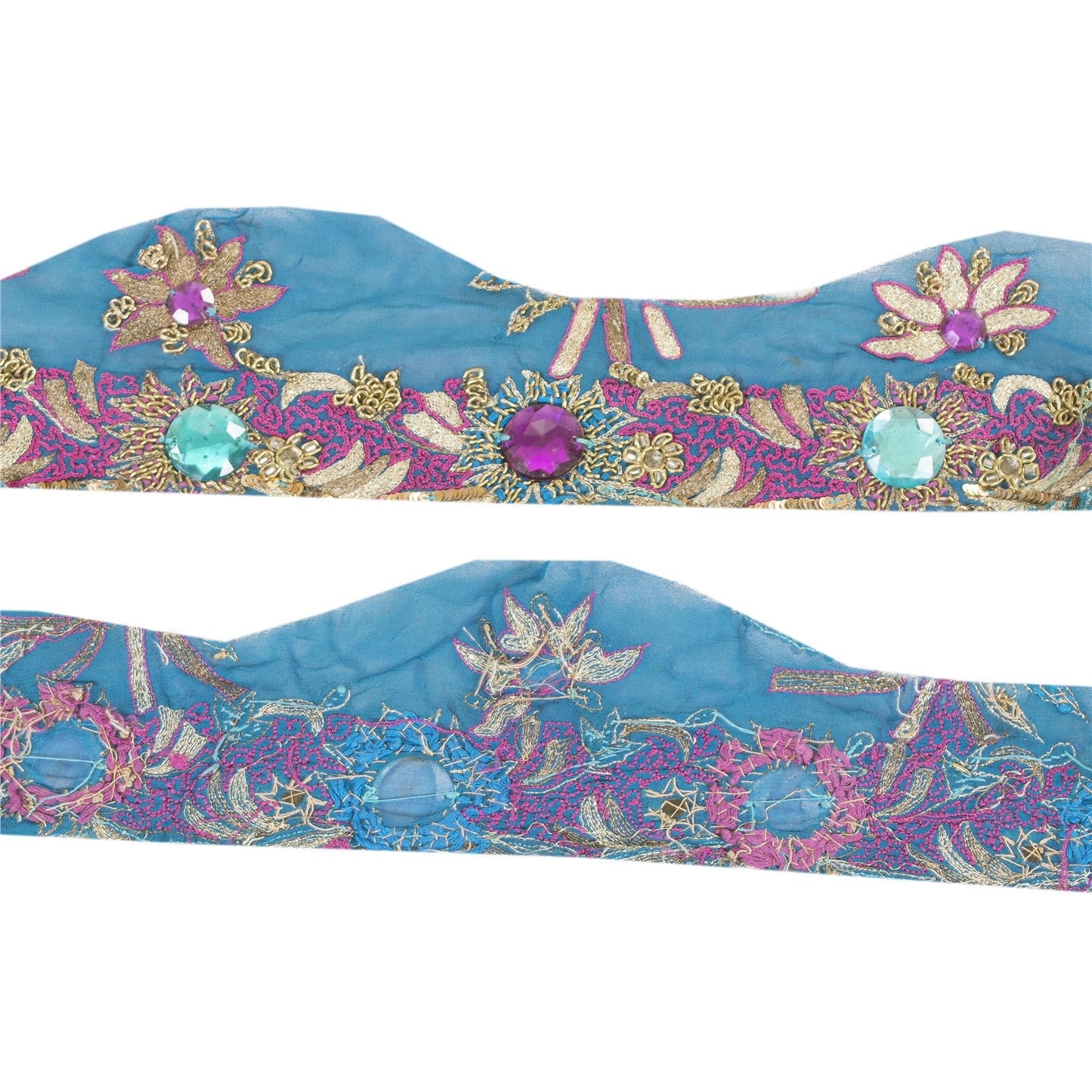 SANSKRITI VINTAGE SAREE BORDER HAND BEADED CRAFT 1 YD LACE 3W FLORAL BLUE