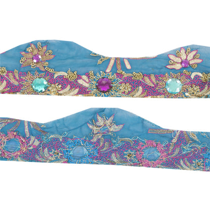 SANSKRITI VINTAGE SAREE BORDER HAND BEADED CRAFT 1 YD LACE 3W FLORAL BLUE