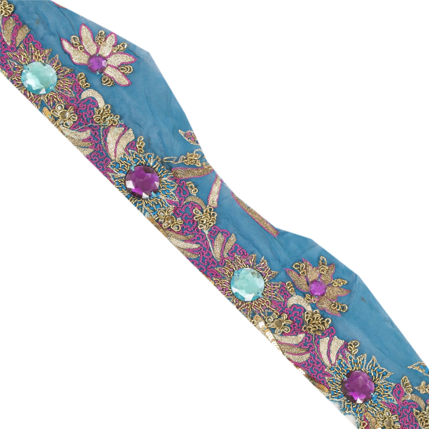 SANSKRITI VINTAGE SAREE BORDER HAND BEADED CRAFT 1 YD LACE 3W FLORAL BLUE