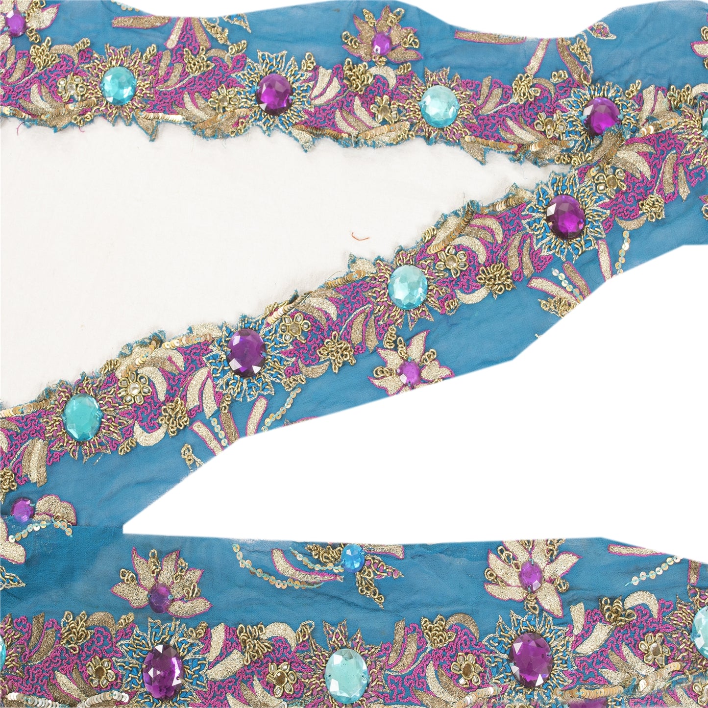 SANSKRITI VINTAGE SAREE BORDER HAND BEADED CRAFT 1 YD LACE 3W FLORAL BLUE