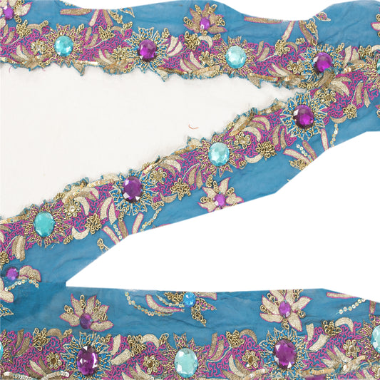 SANSKRITI VINTAGE SAREE BORDER HAND BEADED CRAFT 1 YD LACE 3W FLORAL BLUE