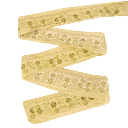 Sanskriti Vintage Sari Border Embroidered 1 YD Craft Trim Green 2" W Silk Lace