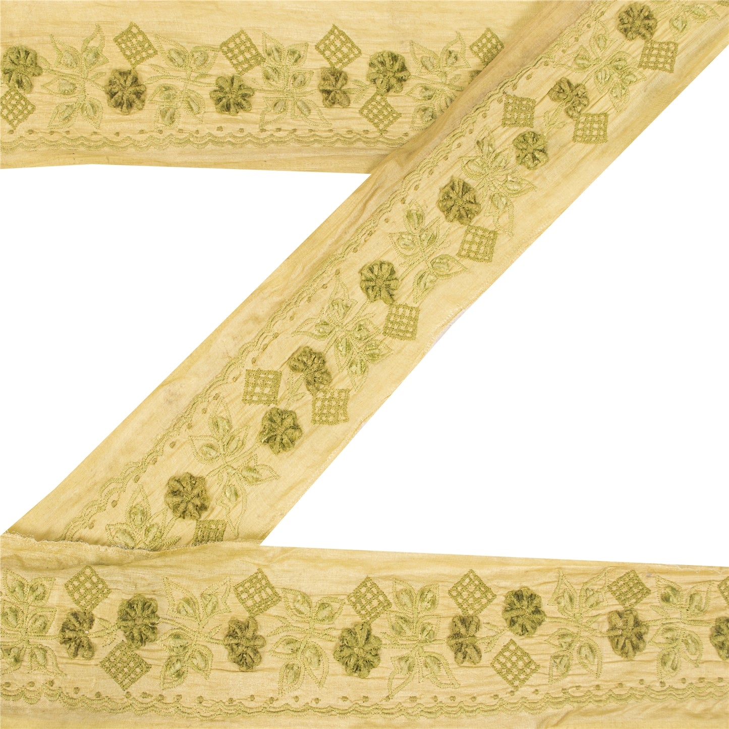 Sanskriti Vintage Sari Border Embroidered 1 YD Craft Trim Green 2" W Silk Lace