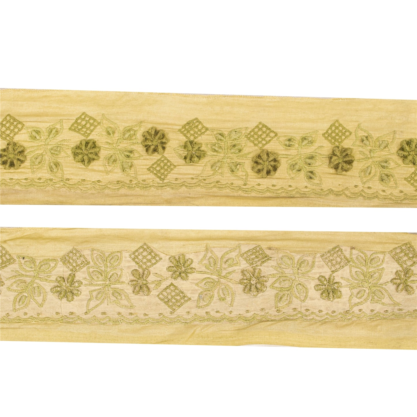 Sanskriti Vintage Sari Border Embroidered 1 YD Craft Trim Green 2" W Silk Lace