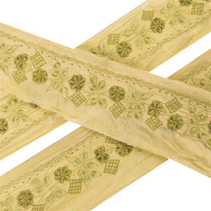 Sanskriti Vintage Sari Border Embroidered 1 YD Craft Trim Green 2" W Silk Lace