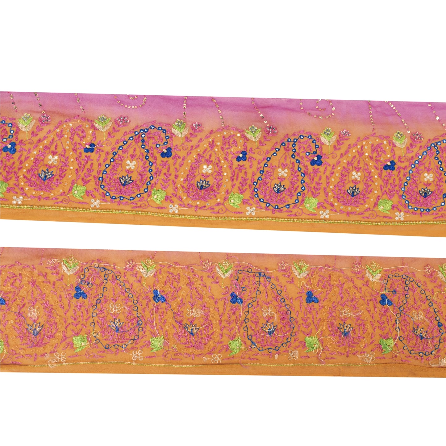 Sanskriti Vintage Sari Border 1 YD Craft Orange Trim Hand Beaded Sewing Lace