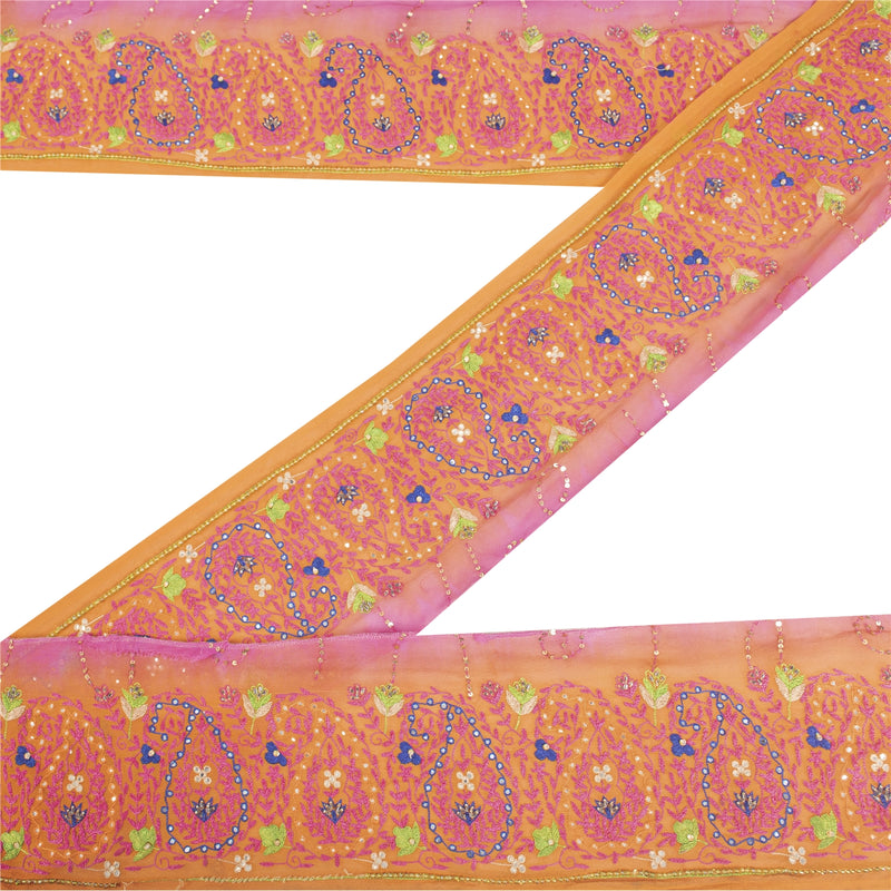Sanskriti Vintage Orange Georgette Sari Border: Hand Beaded Sewing Lace Trim, Paisley Floral Design upholstery fabric