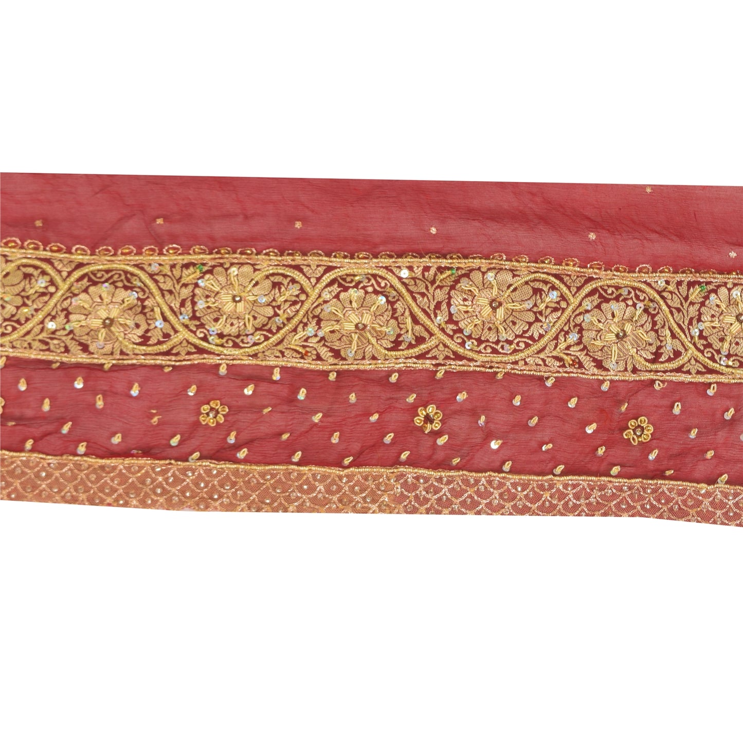 SANSKRITI VINTAGE SAREE BORDER HAND BEADED CRAFT 1yd TRIMS PATCH LACE 5W MAROON