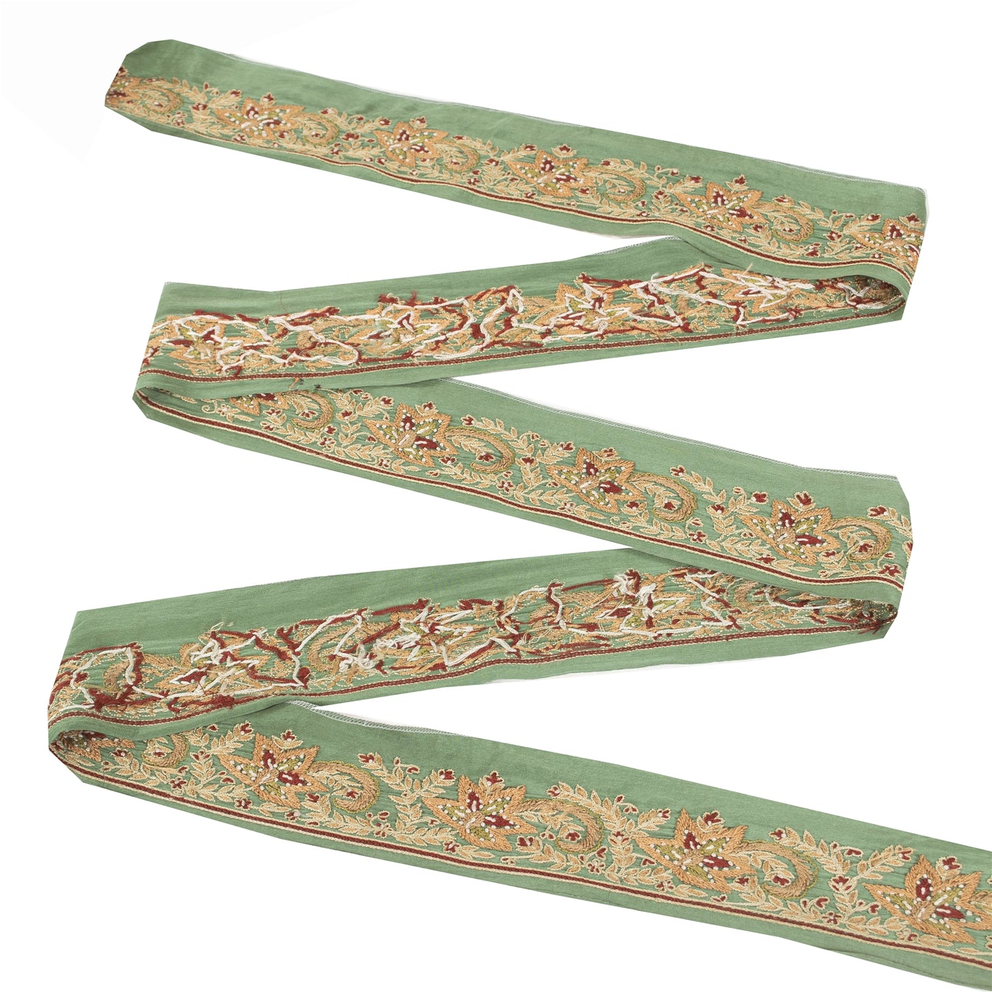 SANSKRITI VINTAGE SAREE BORDER HAND EMBROIDERED 1YD  TRIMS LACE 2W GREEN