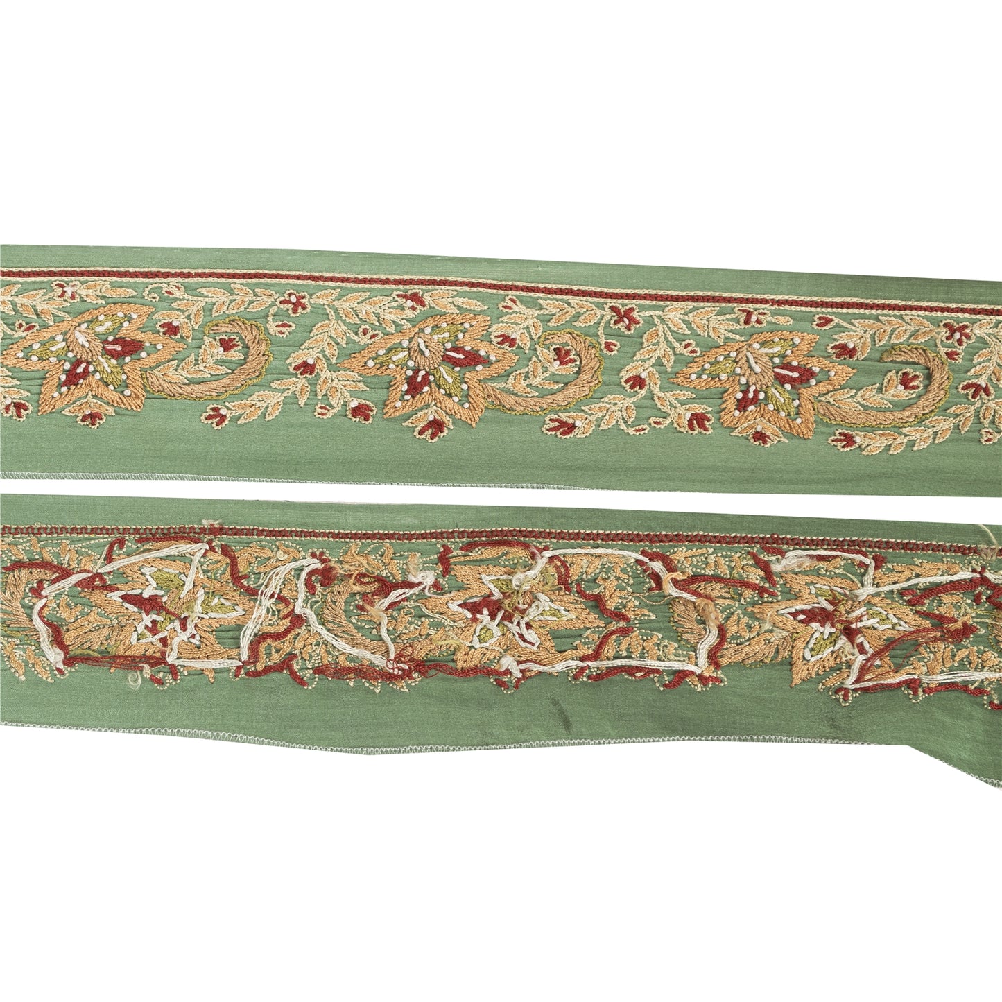 SANSKRITI VINTAGE SAREE BORDER HAND EMBROIDERED 1YD  TRIMS LACE 2W GREEN