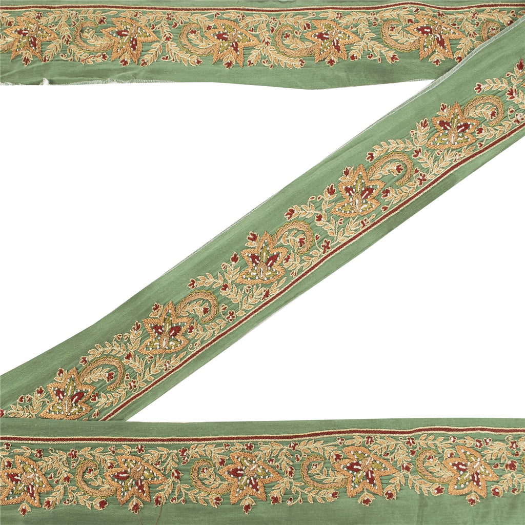 SANSKRITI VINTAGE SAREE BORDER HAND EMBROIDERED 1YD  TRIMS LACE 2W GREEN