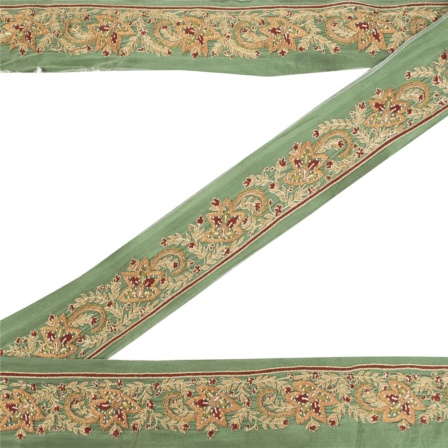 SANSKRITI VINTAGE SAREE BORDER HAND EMBROIDERED 1YD  TRIMS LACE 2W GREEN