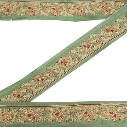 SANSKRITI VINTAGE SAREE BORDER HAND EMBROIDERED 1YD  TRIMS LACE 2W GREEN