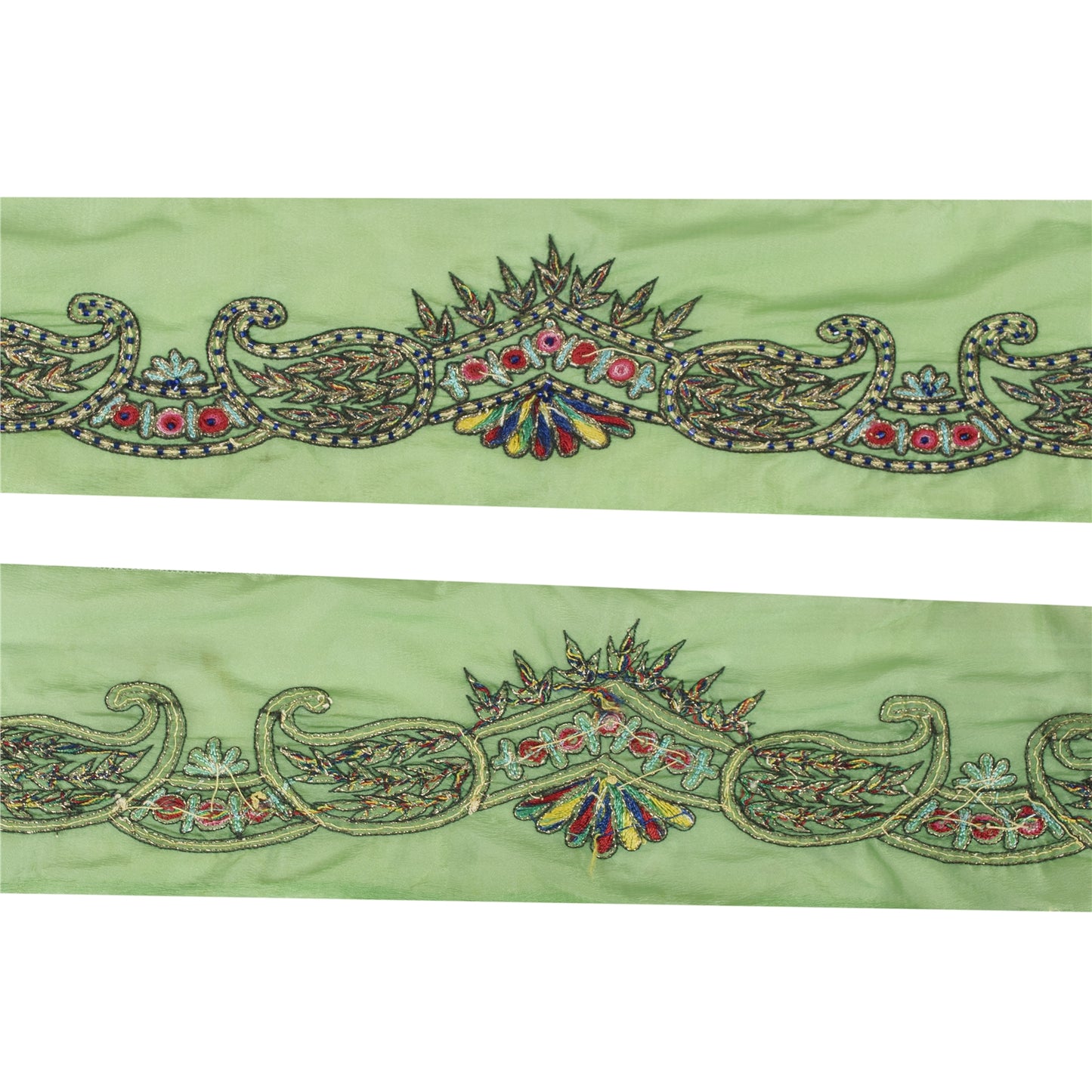 Sanskriti Vintage Saree Border Indian Hand Beaded 1Yd Craft Paisley Green Trim