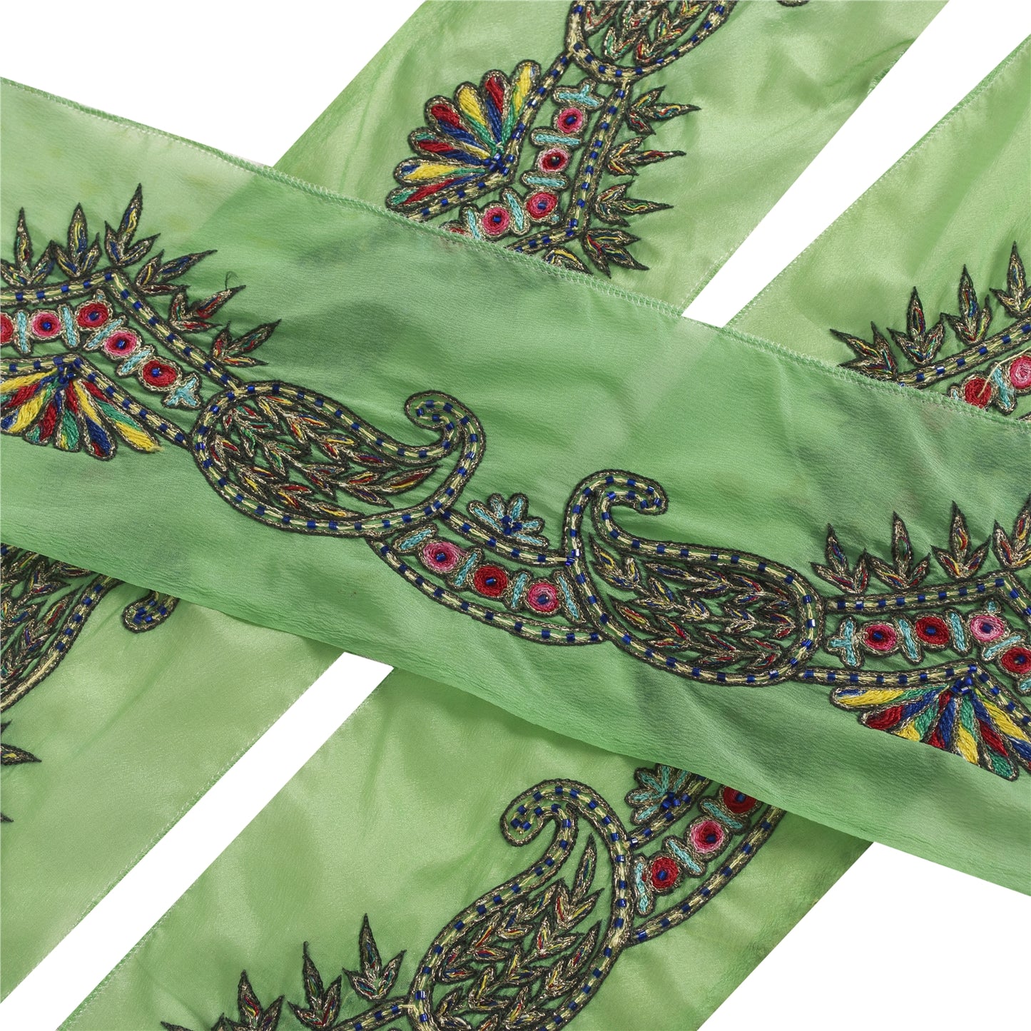 Sanskriti Vintage Saree Border Indian Hand Beaded 1Yd Craft Paisley Green Trim