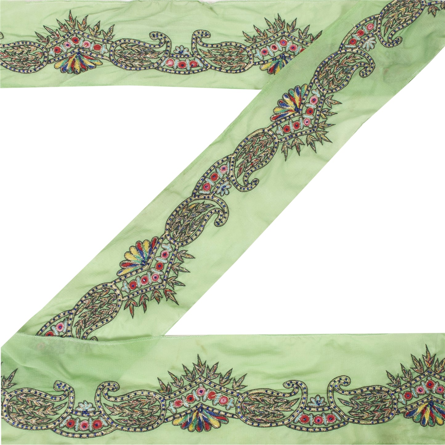 Sanskriti Vintage Saree Border Indian Hand Beaded 1Yd Craft Paisley Green Trim