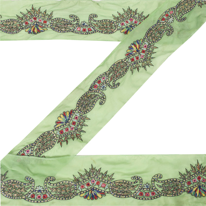 Sanskriti Vintage Saree Border Indian Hand Beaded 1Yd Craft Paisley Green Trim
