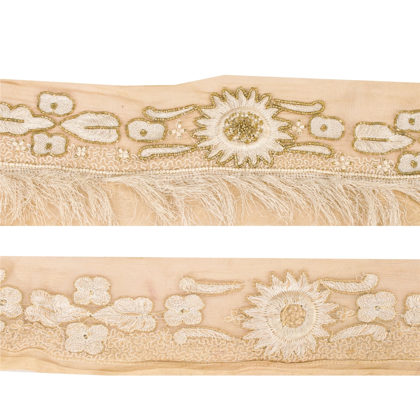 Sanskriti Vintage Sari Border Hand Beaded Thread Silk 1YD Trim Cream 5.2"w Lace