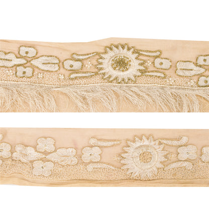 Sanskriti Vintage Sari Border Hand Beaded Thread Silk 1YD Trim Cream 5.2"w Lace