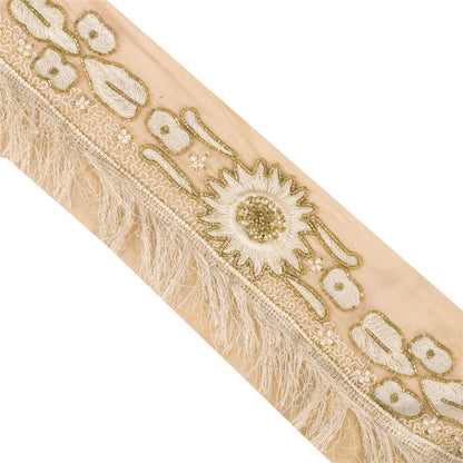 Sanskriti Vintage Sari Border Hand Beaded Thread Silk 1YD Trim Cream 5.2"w Lace