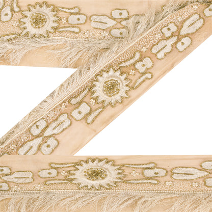 Sanskriti Vintage Sari Border Hand Beaded Thread Silk 1YD Trim Cream 5.2"w Lace