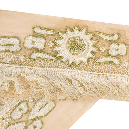 Sanskriti Vintage Sari Border Hand Beaded Thread Silk 1YD Trim Cream 5.2"w Lace