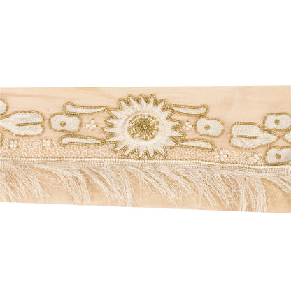 Sanskriti Vintage Sari Border Hand Beaded Thread Silk 1YD Trim Cream 5.2"w Lace