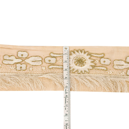 Sanskriti Vintage Sari Border Hand Beaded Thread Silk 1YD Trim Cream 5.2"w Lace