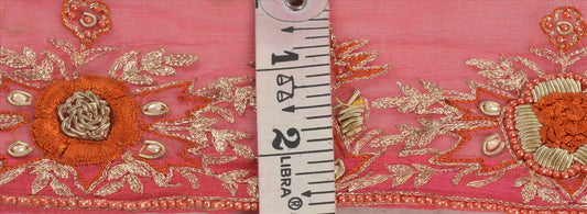 SANSKRITI VINTAGE SAREE BORDER HAND BEADED CRAFT 1YD TRIMS LACE DECOR 2.5W PEACH
