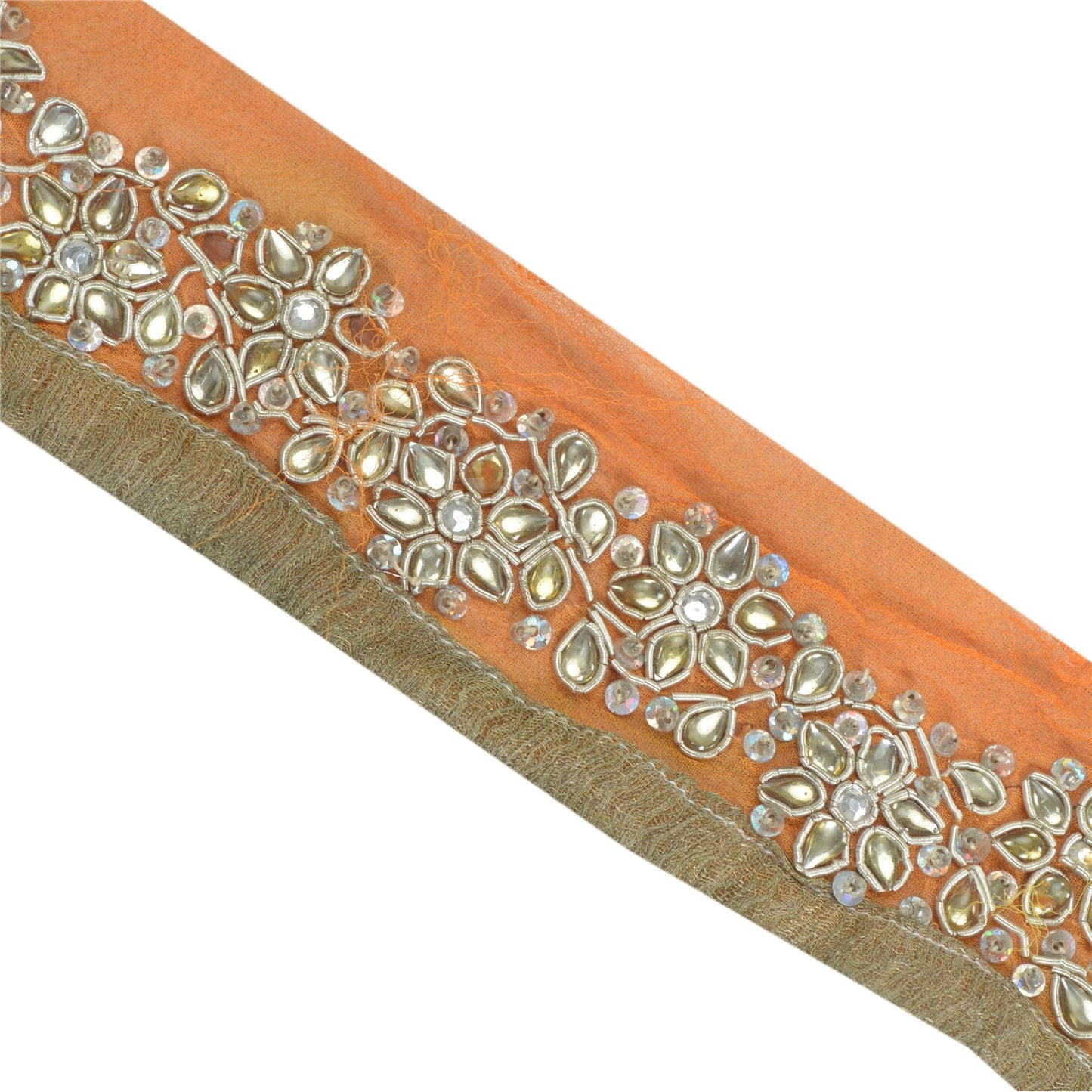 Sanskriti Vintage Sari Border Hand Beaded Craft 1 Yd Sewing Orange Trims Lace