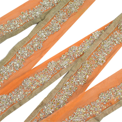 Sanskriti Vintage Sari Border Hand Beaded Craft 1 Yd Sewing Orange Trims Lace