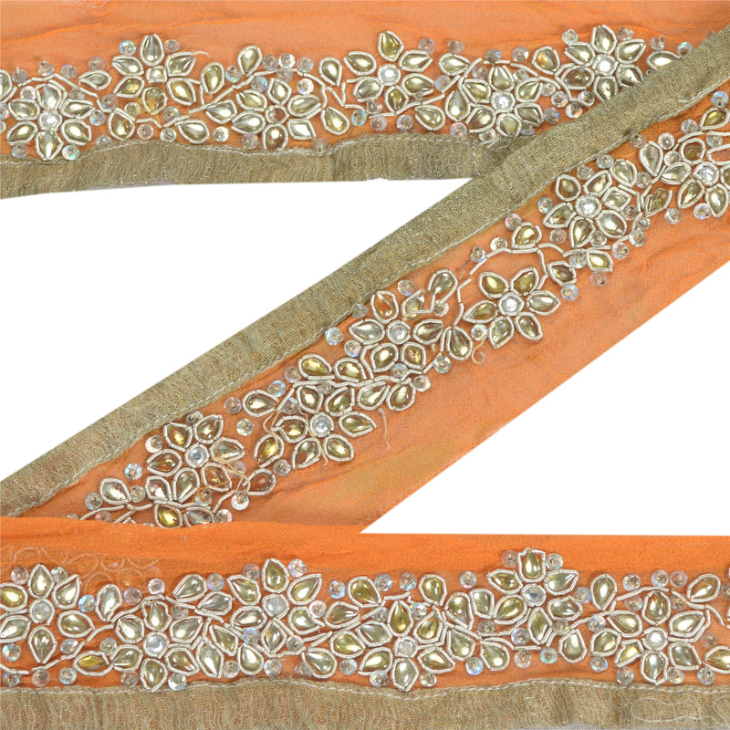 Sanskriti Vintage Sari Border Hand Beaded Craft 1 Yd Sewing Orange Trims Lace