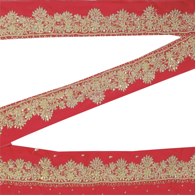 Sanskriti Vintage Sari Saree Border Hand Beaded Craft 1Yd Trims Decor Lace 2W Red upholstery fabric