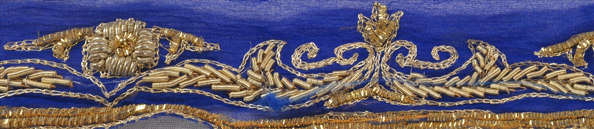 SANSKRITI VINTAGE SAREE BORDER HAND BEADED CRAFT 1YD  TRIMS 1.5W RIBBON BLUE