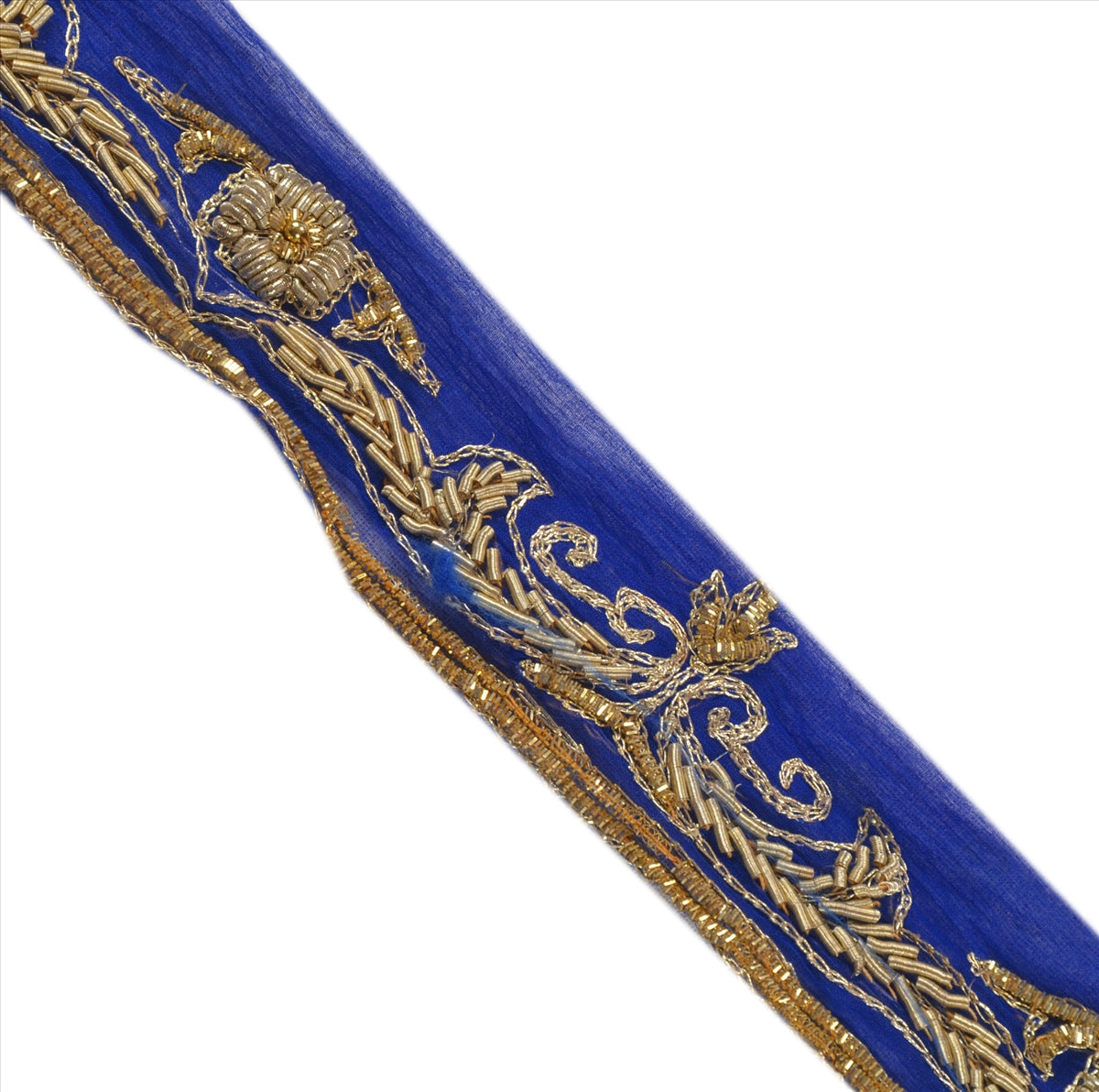 SANSKRITI VINTAGE SAREE BORDER HAND BEADED CRAFT 1YD  TRIMS 1.5W RIBBON BLUE