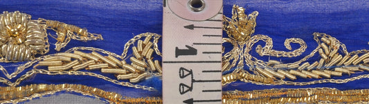 SANSKRITI VINTAGE SAREE BORDER HAND BEADED CRAFT 1YD  TRIMS 1.5W RIBBON BLUE